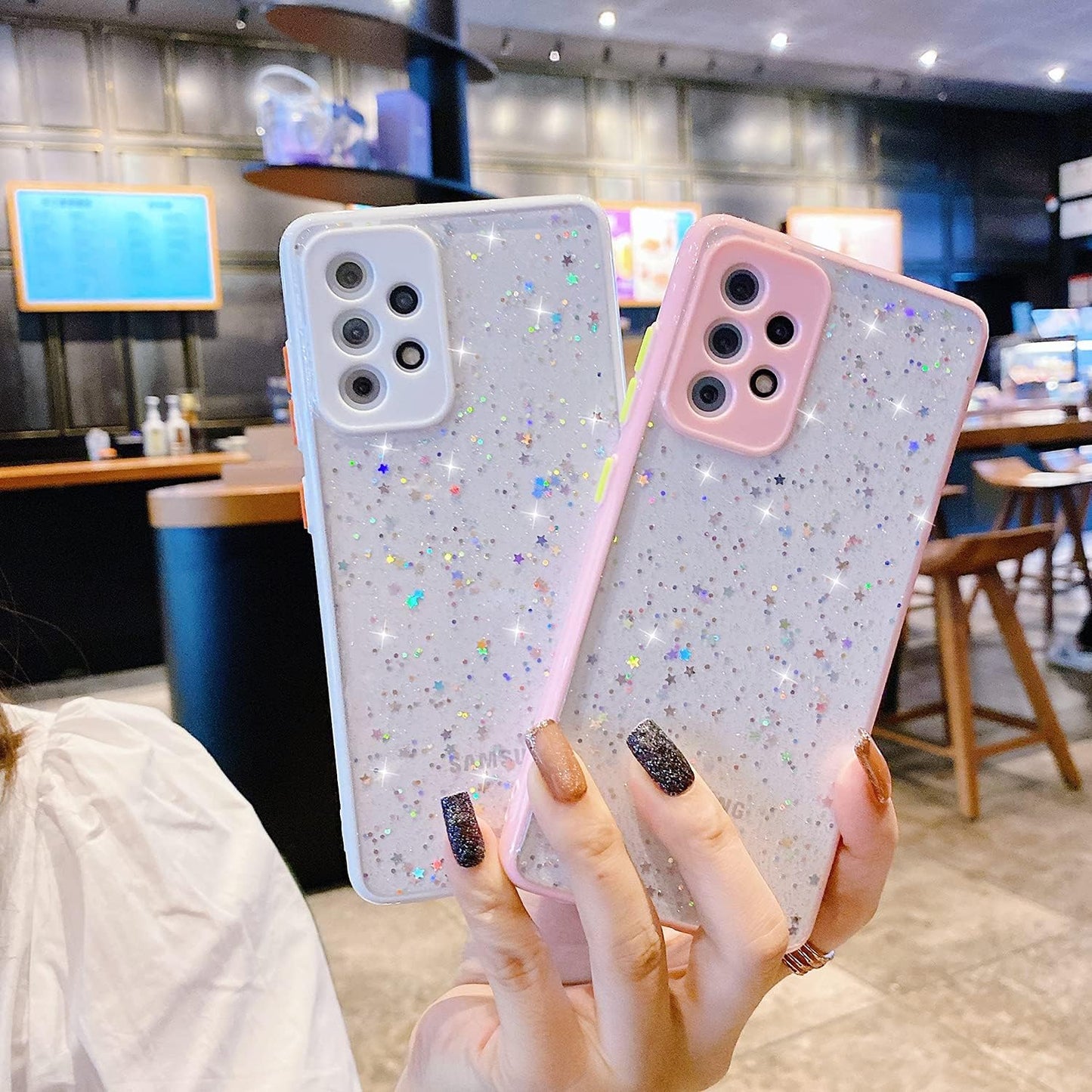 Compatible with Samsung Galaxy S21 Case for Women Girls,Soft Slim Fit Full-Around Protective Cute Clear Sparkly Bling Star Phone Case Glitter Cover for Samsung Galaxy S21 6.2 ''-White  JWKJUS   