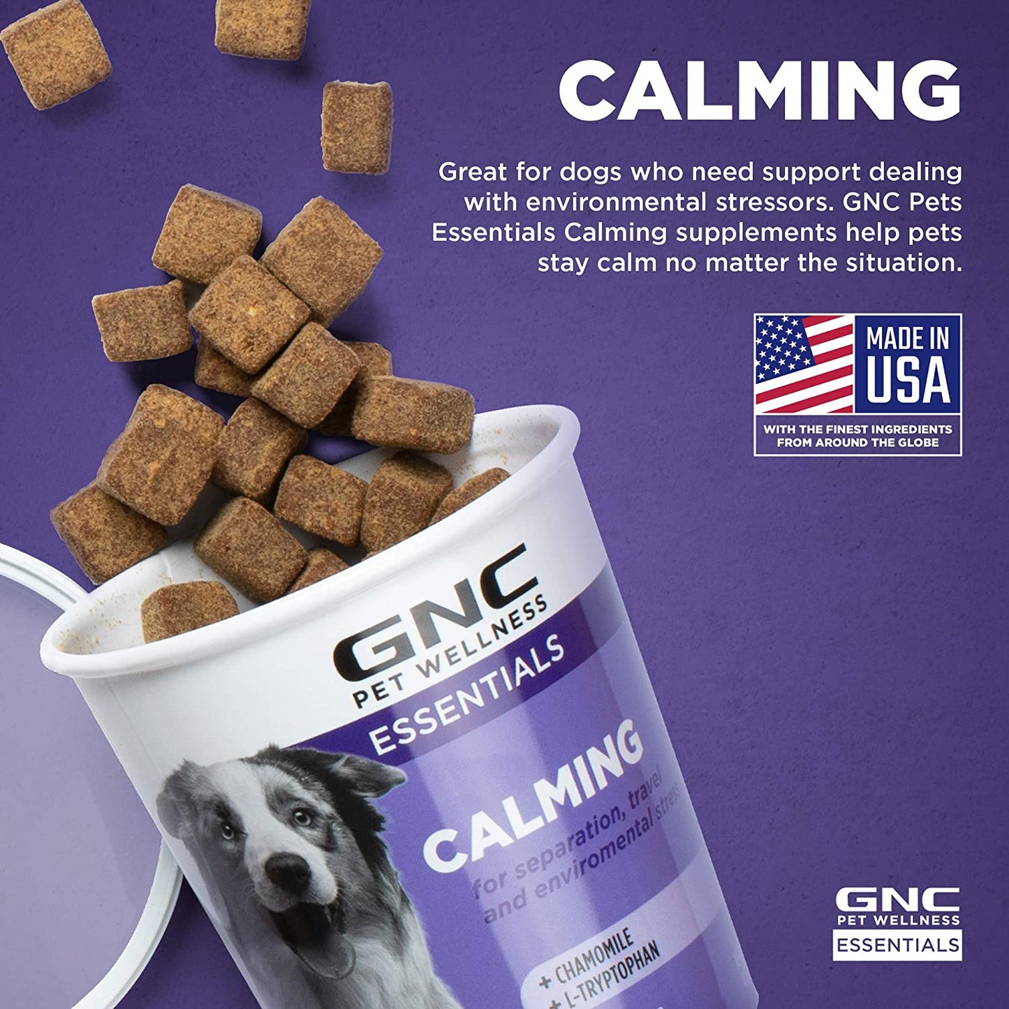 GNC for Pets Essentials Calming Soft Chew Dog Supplements | 60 Ct Chicken Flavor Dog Soft Chew Supplements for Calming and Relaxation | Adult Dog Calming Chews for Anxiety, White  Fetch for Pets   