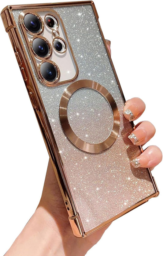 Aowner for Samsung Galaxy S21 Ultra Magnetic Case Compatible with Magsafe, Full Protection Square Glitter Clear Phone Case for Women Girls Cute Soft Shockproof Bumper Protective Cover Case 6.8"-Gold  aowner   
