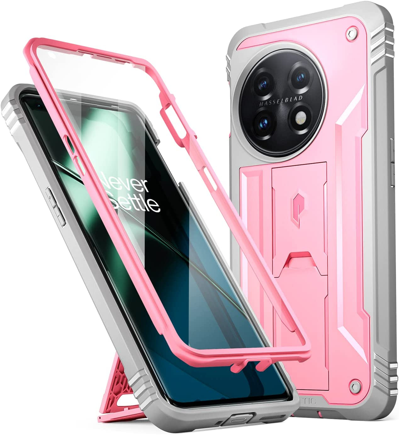 Poetic Revolution Case for Oneplus 11 5G 6.7"(2023), [20 FT Mil-Grade Drop Tested], Full-Body Rugged Dual-Layer Shockproof Protective Cover with Kickstand and Built-In-Screen Protector, Black  Poetic Light Pink  