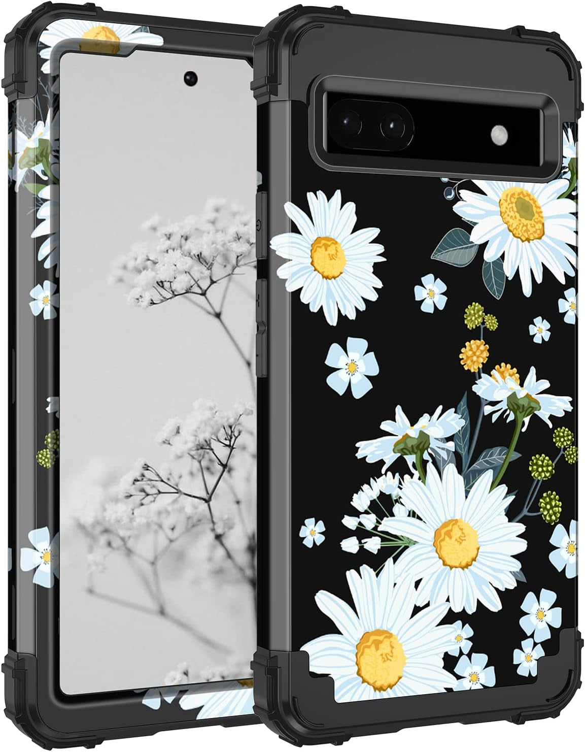 Hekodonk Google Pixel 6A Case (2022) - Heavy Duty Shockproof Hybrid Protection, Hard Plastic & Silicone Rubber, 3-In-1 Drop Protective - Blue Golden  Hekodonk Black Flower  