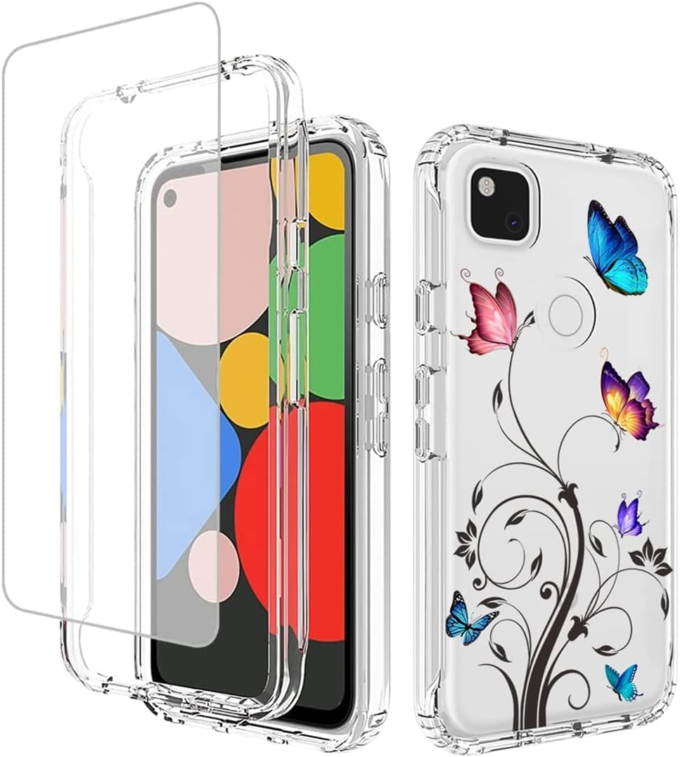 Ueokeird Case for Google Pixel 4A (Not Fit 4A 5G) G025J Case with Tempered-Glass Screen Protector, Cute Clear Floral Pattern Full Body Protective Phone Cover Cases for Google Pixel 4A (Purple Flower)  Ueokeird Butterfly Tree  