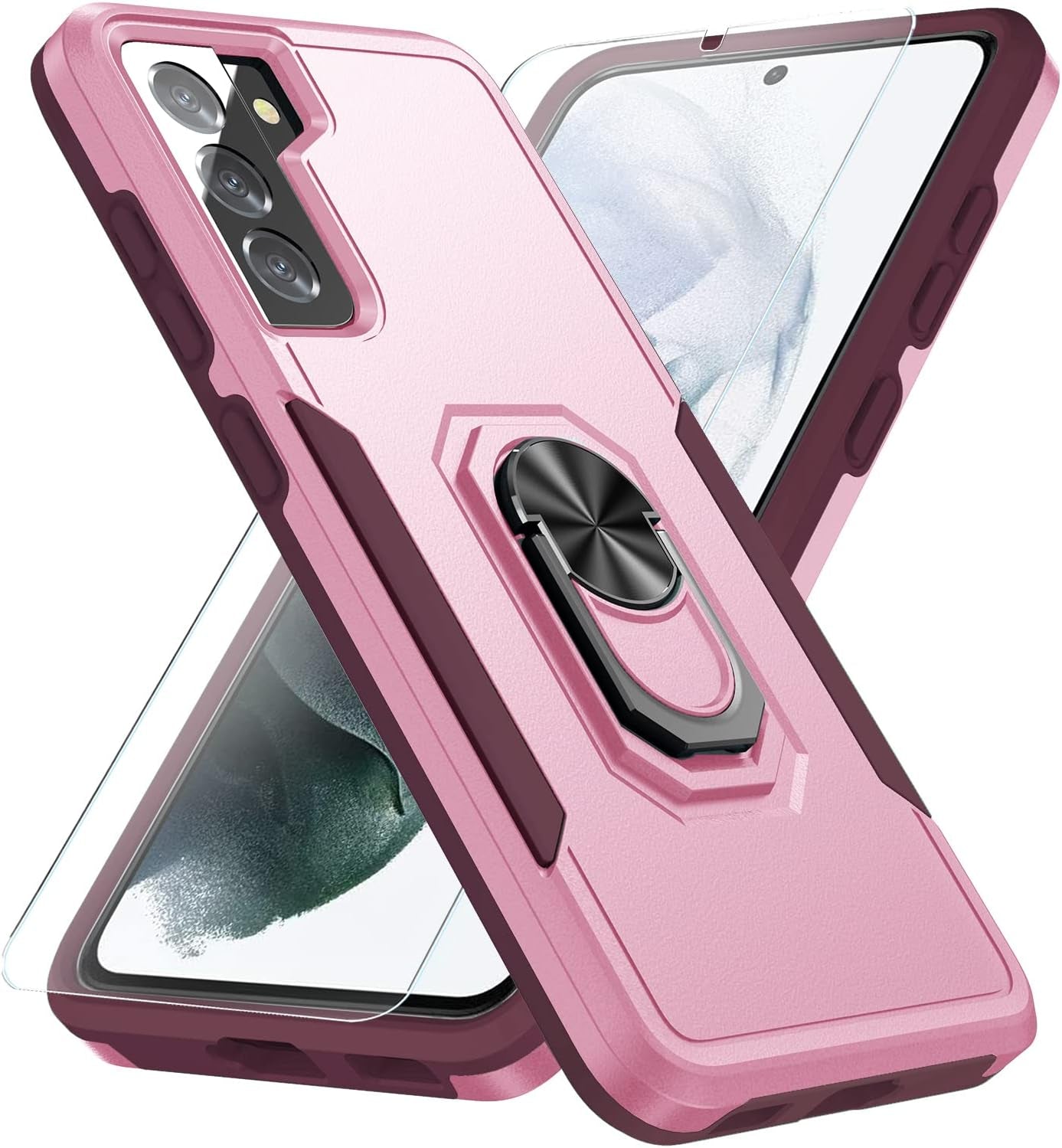 KSELF Galaxy S21 5G Case with Tempered Glass, Shockproof Military-Grade Phone Cover & Ring Kickstand, 6.2" (Pink)  KSELF   