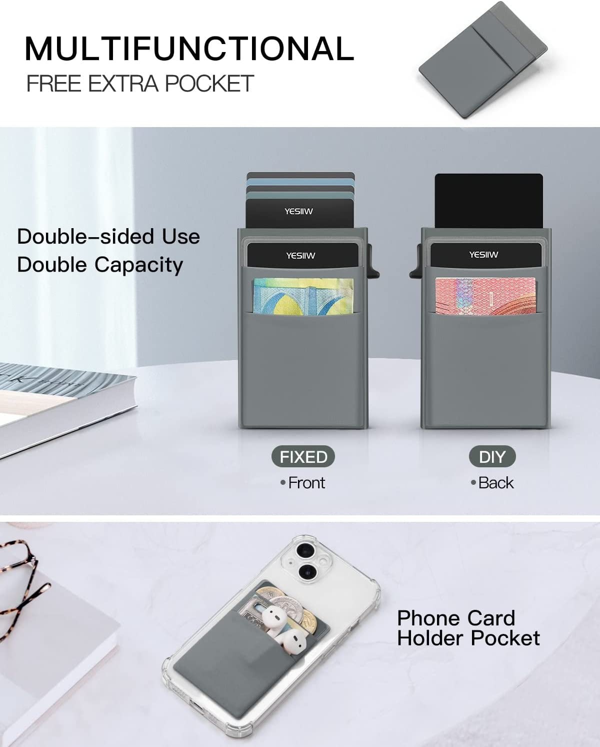 YESIIW Auto Pop up Credit Card Holder with Money Pocket | Minimalist Business Card Wallet RFID Blocking for Men | Smart Slim Aluminum Metal Debit Card Case Gifts for Dad Fathers | Space Gray  YESIIW   