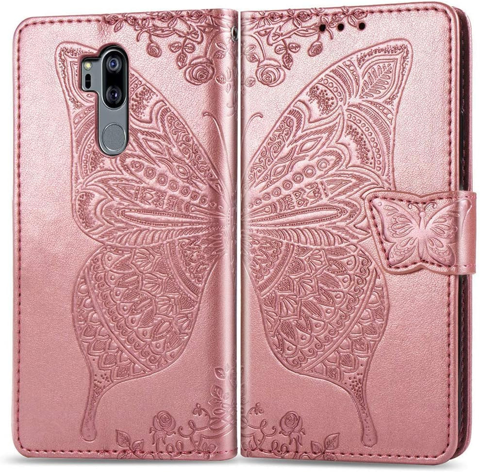 LHYIN LG G7 Case,Flip Wallet PU Leather Embossed Flower Butterfly Case Folding Kickstand Cover with Card Slots for LG G7 Thinq/Lg G7 [Purple]  LHYIN Lg G7-05  