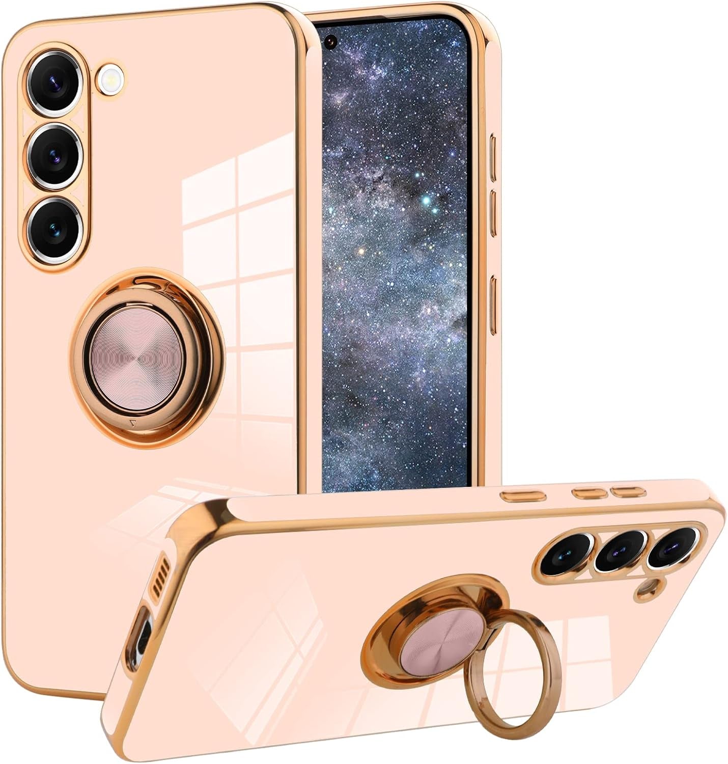 KANGHAR Compatible with Samsung Galaxy S23 5G Case for Women Girls, Plating Built-In 360 Rotation Magnetic Ring Kickstand Holder Soft Slim Shockproof Bumper Protective Cover (Blue)  KANGHAR Pink Samsung Galaxy S23 Plus 