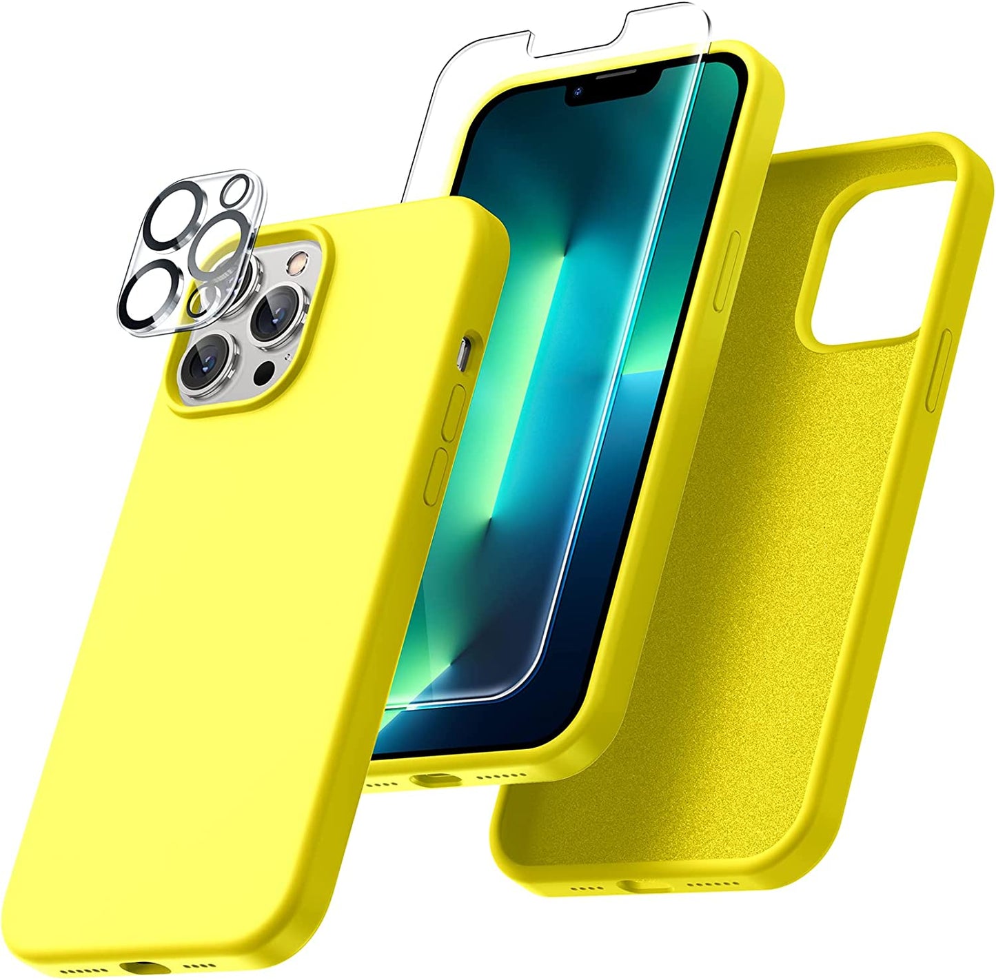 Uyiton [5 In1] Liquid Silicone Iphone 12 PRO Max Case, [Drop Protection] [Full Covered] Shockproof Slim Thin Cover with Microfiber Lining, with 2Xscreen Protector +2Xcamera Lens Protector-Green  Uyiton Yellow Iphone 13 Pro Max 