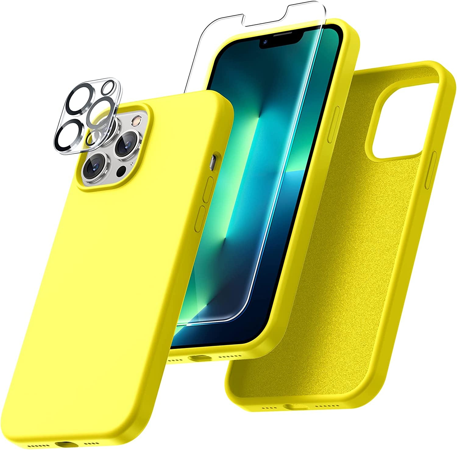 Uyiton [5 In1] Liquid Silicone Iphone 12 PRO Max Case, [Drop Protection] [Full Covered] Shockproof Slim Thin Cover with Microfiber Lining, with 2Xscreen Protector +2Xcamera Lens Protector-Green  Uyiton Yellow Iphone 13 Pro Max 