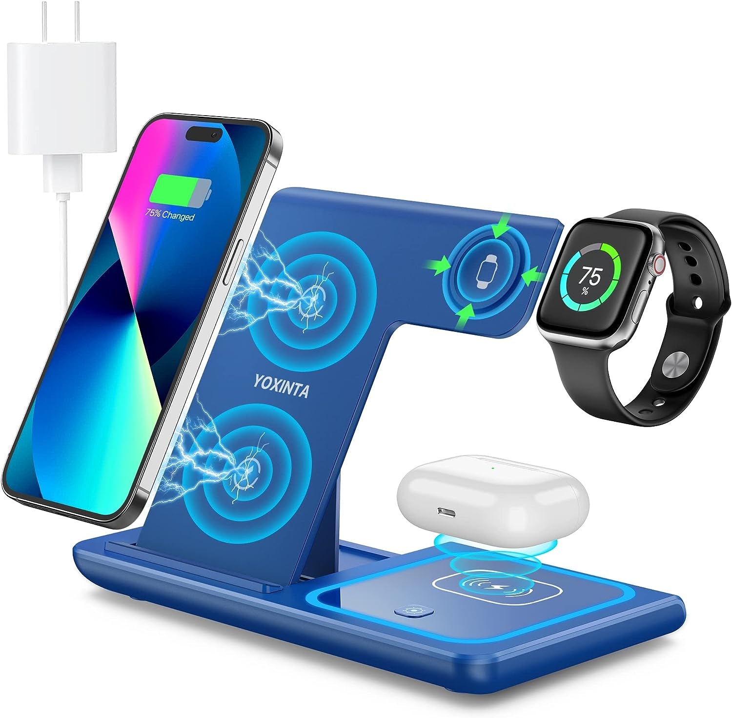Wireless Charging Station, Wireless Charging Station for Multiple Devices for Iphone 15 14 13 12 11 Pro XR XS 8 Plus, for Apple Watch Ultra SE 8 7 6 5 4 3 2, Airpods Pro 3 2 (Dark Blue)  YOXINTA   