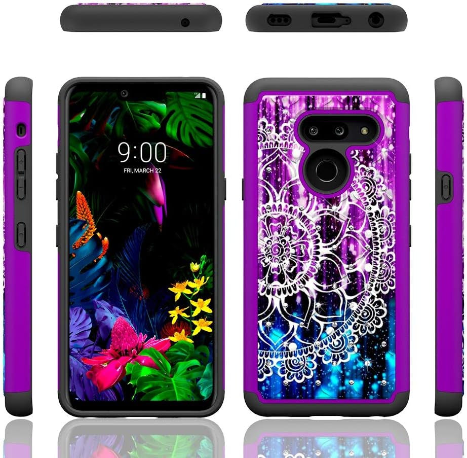 Zase LG G8 Thinq Case, Design for LG G8 Slim Hybrid Dual Layer Protection [Jewel Rhinestones] Shockproof Cute Girls Woman Sparkly Crystal Gem Cover [Bling Diamond] (Purple Blue Mandala Flower)  Zase   