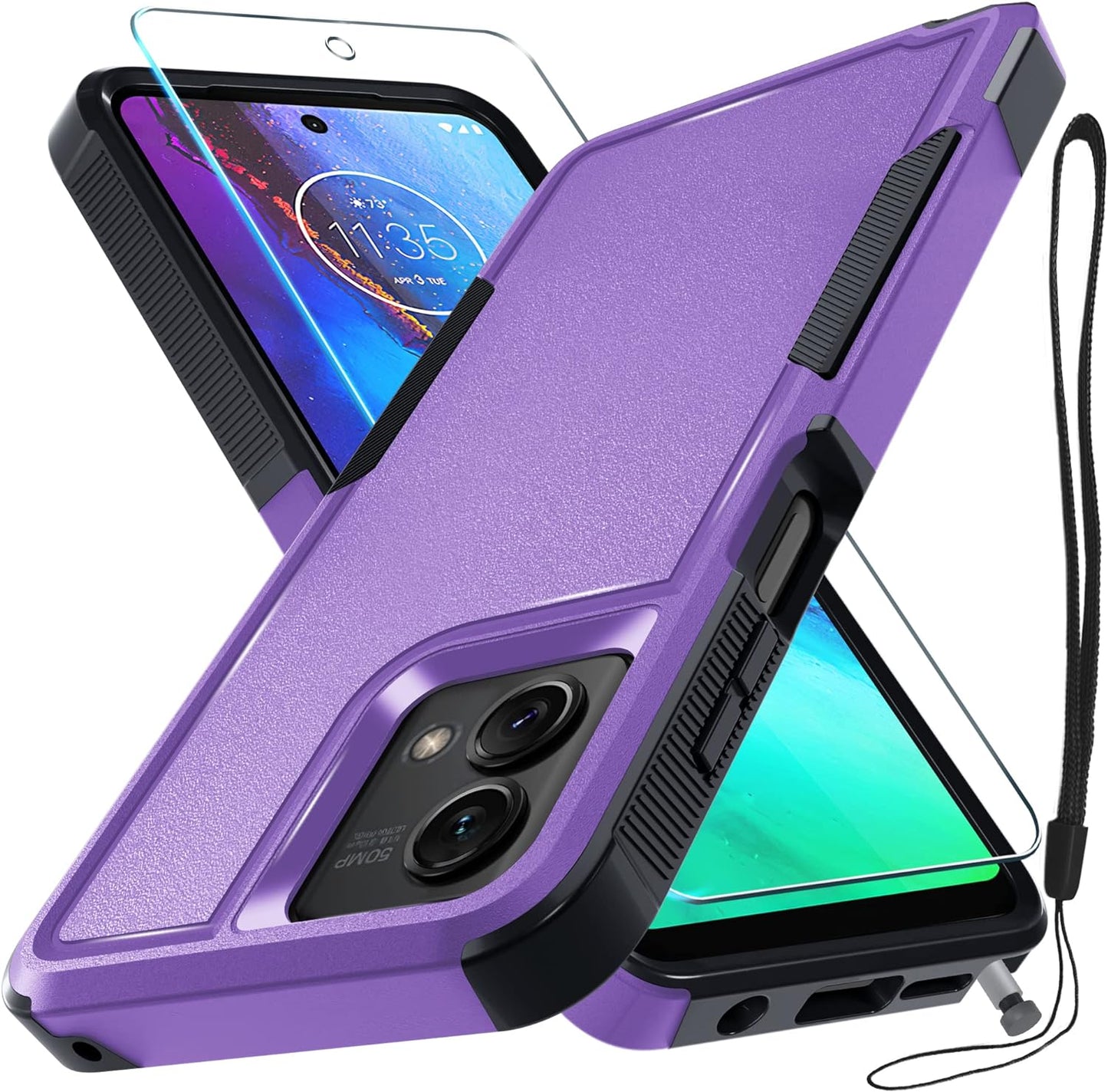 For Motorola Moto G Stylus 5G 2023 Case [Not Fit 4G or 2022 Version], Heavy Duty Rugged Shockproof Protective Phone Cover with Lanyard Strap and Tempered Glass Screen Protector,2023 Navy Blue  RMOCR Lavender Moto G Stylus 5G (2023 Released) 
