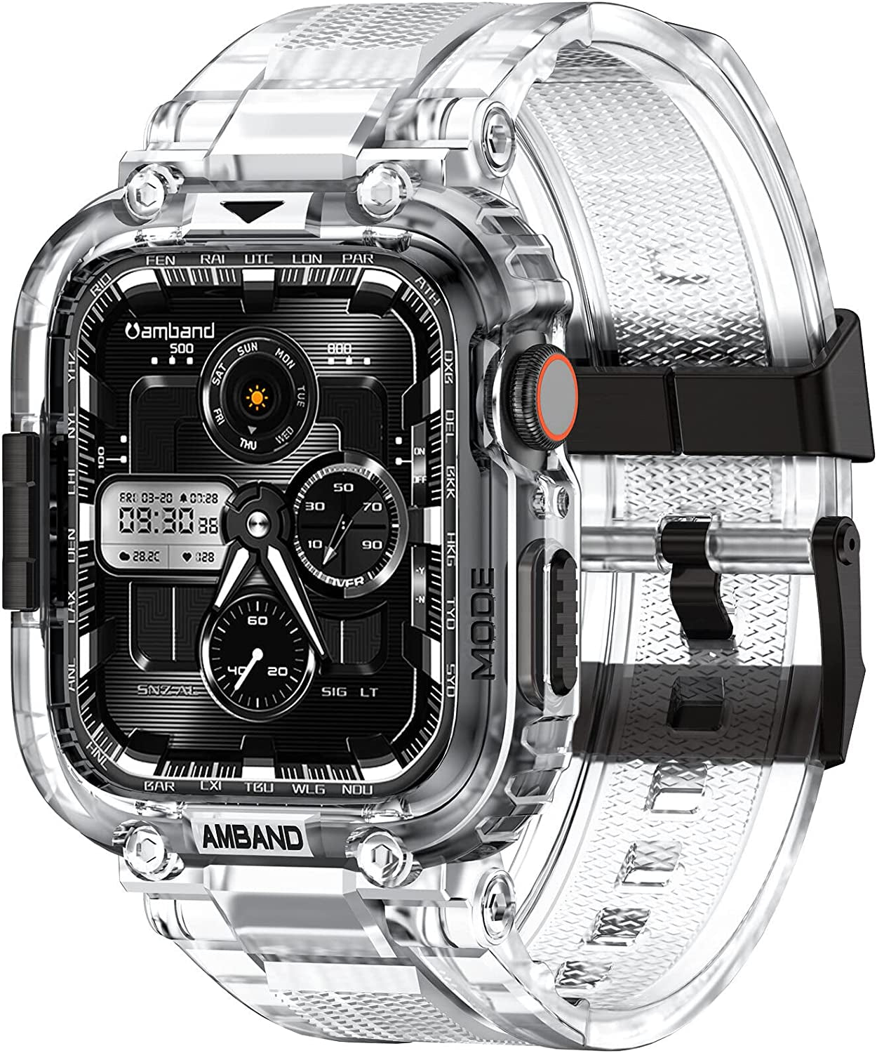 Amband Bands Case Screen Protector Compatible with Apple Watch Ultra 49Mm, M1 Sport Series Rugged Cover Strap and 2 Pack Tempered Glass Film, Military Protective Bumper for Iwatch 49 Mm Men Black  amBand Clear 38/40/41mm 