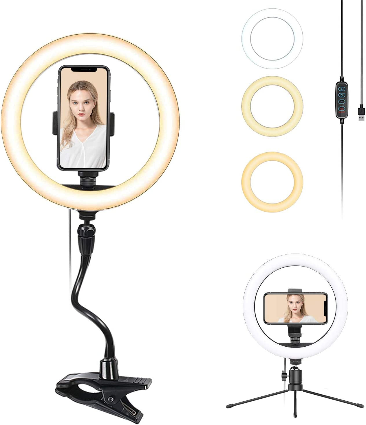 Smatree 10" LED Selfie Ring Light with Flex Clamp Mount & Tripod Stand & Phone Holder, Dimmable Desktop Ring Light with 3 Light Modes for Live Streaming/Makeup/Photography/Tiktok/Youtube Videos/Vlog  Smatree   