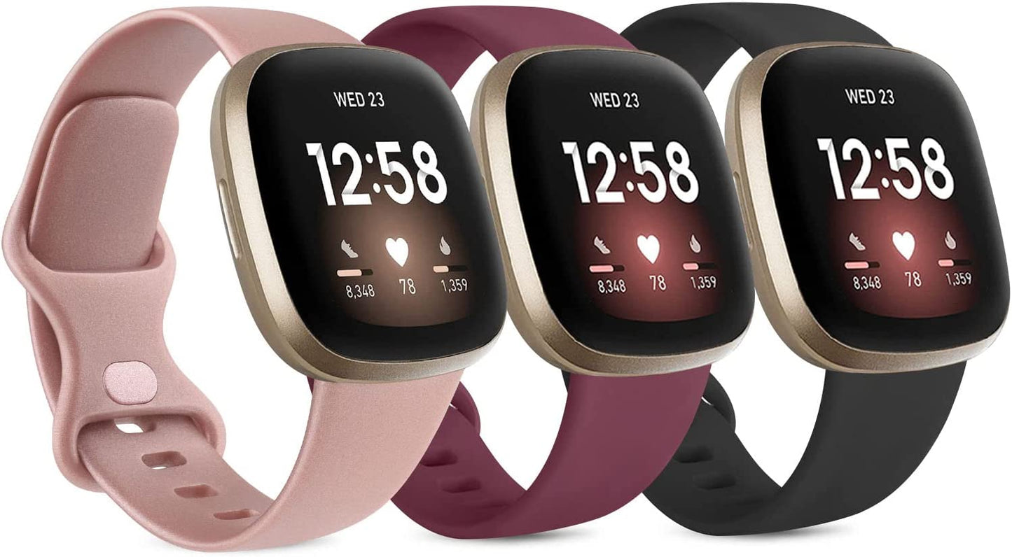 3 Pack Silicone Bands for Fitbit Sense Bands Fitbit Versa 3 Bands Women Men, Classic Soft Sport Bands Replacement Wristbands for Fitbit Sense/Versa 3 Smart Watch (Black/White/Gray, Large)  Amzpas .Black/Rose Gold/Wine red Large 