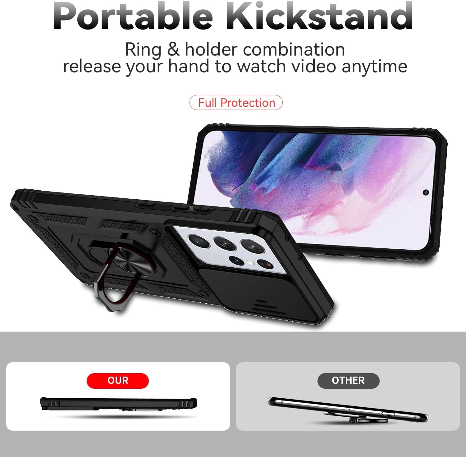 For Samsung Galaxy S21 Ultra Case with Camera Lens Cover HD Screen Protector, Military-Grade Drop Tested Magnetic Ring Holder Kickstand Protective Phone Case for Samsung Galaxy S21 Ultra 5G (Black)  JINZHI Inc   