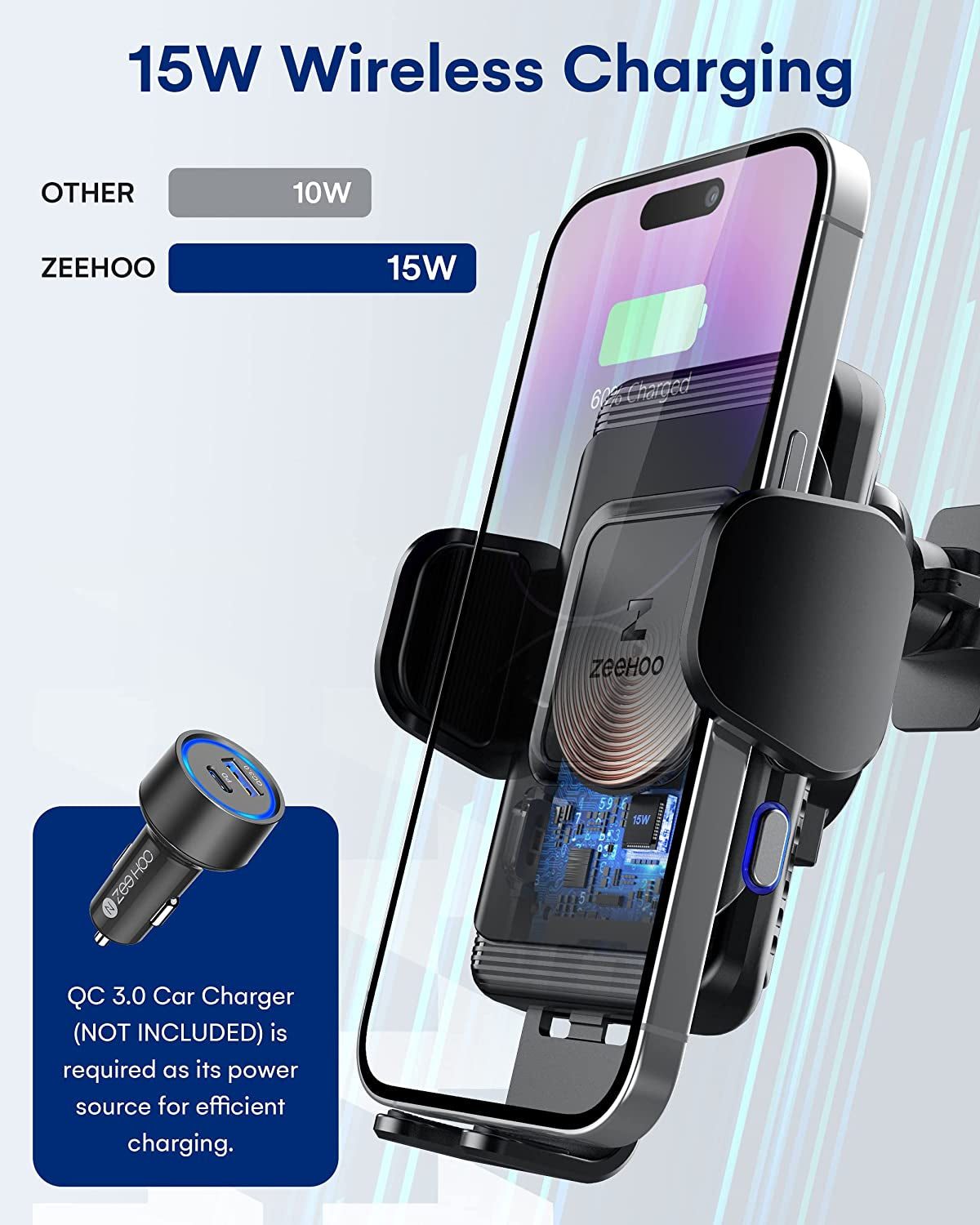 Zeehoo Wireless Car Charger,15 W Fast Charging Auto-Clamping Car Mount,Windshield Dash Air Vent Phone Holder for Iphone 14 13 12 Mini 11 Pro Max XS XR 8,Samsung S22 S21 S20 Note 20 10 9 8  ZEEHOO   