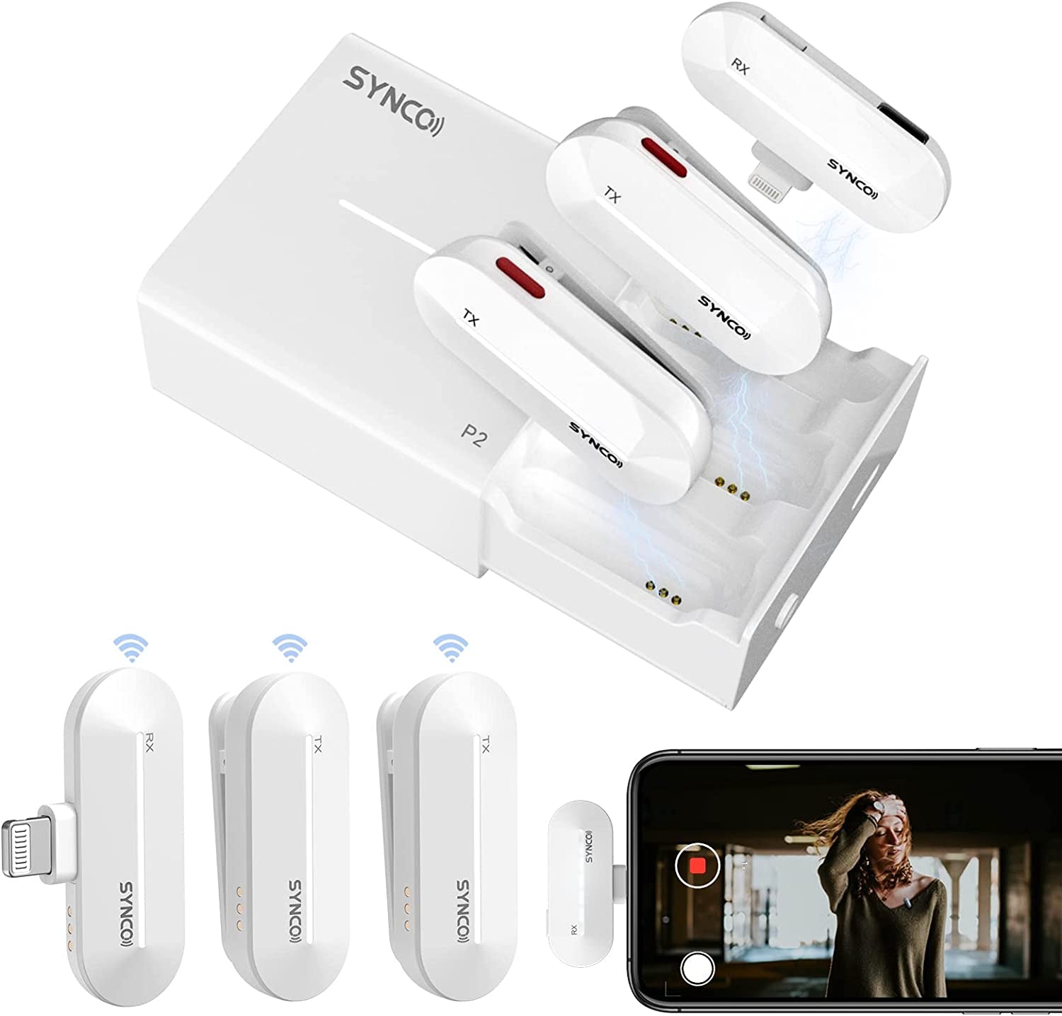 SYNCO Wireless Lavalier Microphone for Iphone, P2L Dual Mic with Noise Reduction, Voice Changer Plug Play with Charging Case Clip Mic for Lightning Smartphone, Microphone-For-Iphone  SYNCO White  