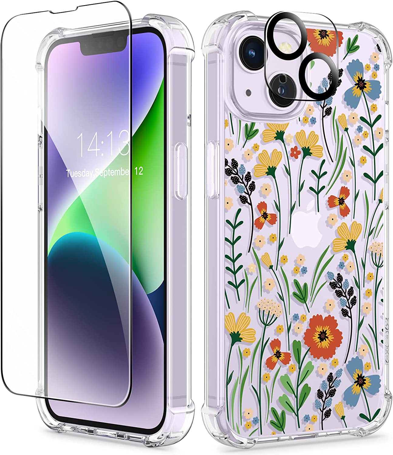 GVIEWIN Compatible with Iphone 14 Case with Screen Protector + Camera Lens Protector, Soft Shockproof Clear Floral Phone Protective Cover for Women, Flower Pattern Design 6.1" (Aster/Purple)  GVIEWIN Blooming Flowerets  