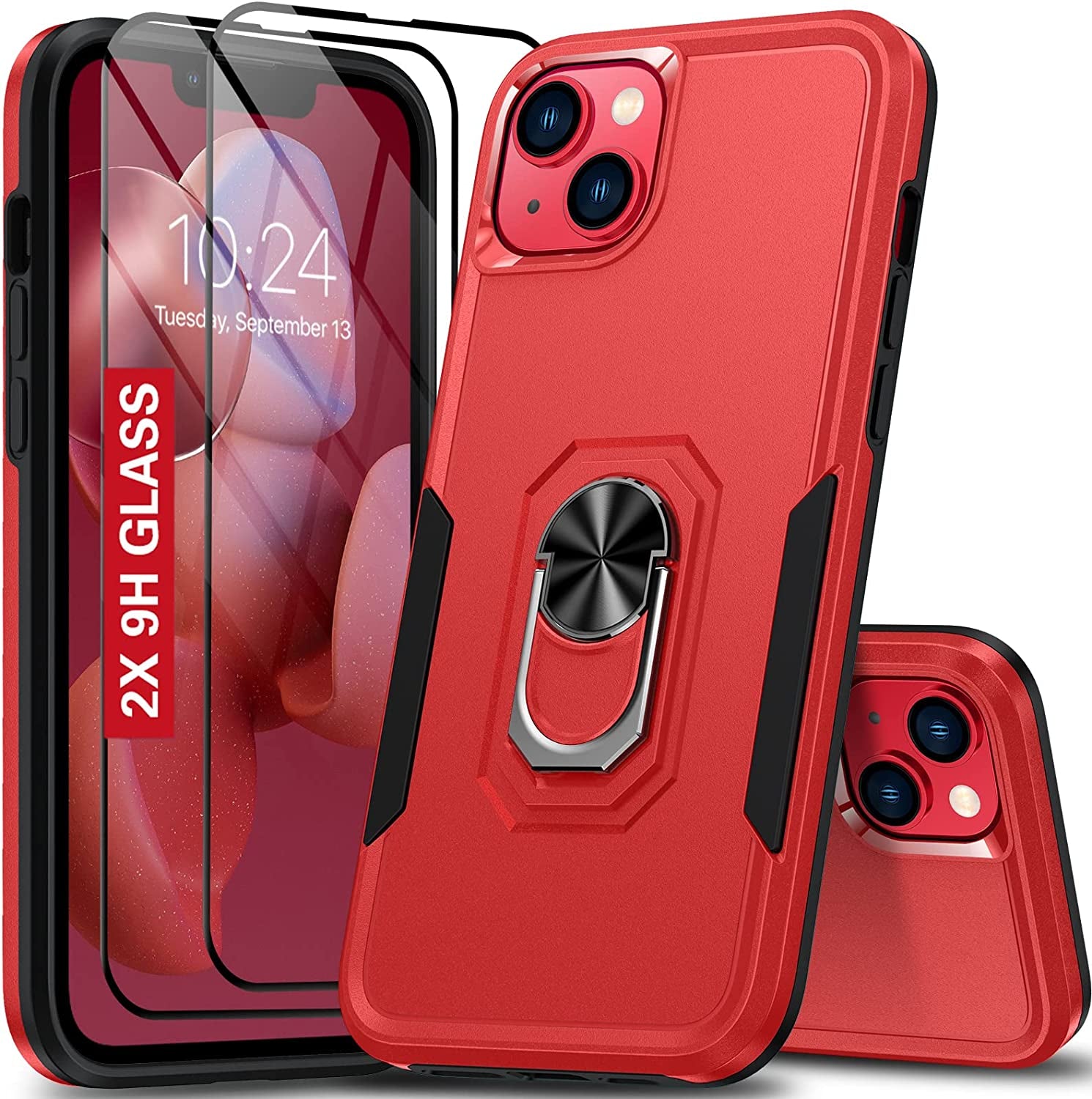 Oterkin for Iphone 14 Pro Case,Iphone 14 Pro Phone Case with [360°Rotatable Stand Ring][2Pcs 9H HD Tempered Glass Screen Protector][10Ft Military Grade Shockproof] Case for Iphone 14 Pro (Blue)  Oterkin Red Iphone 14 Plus 