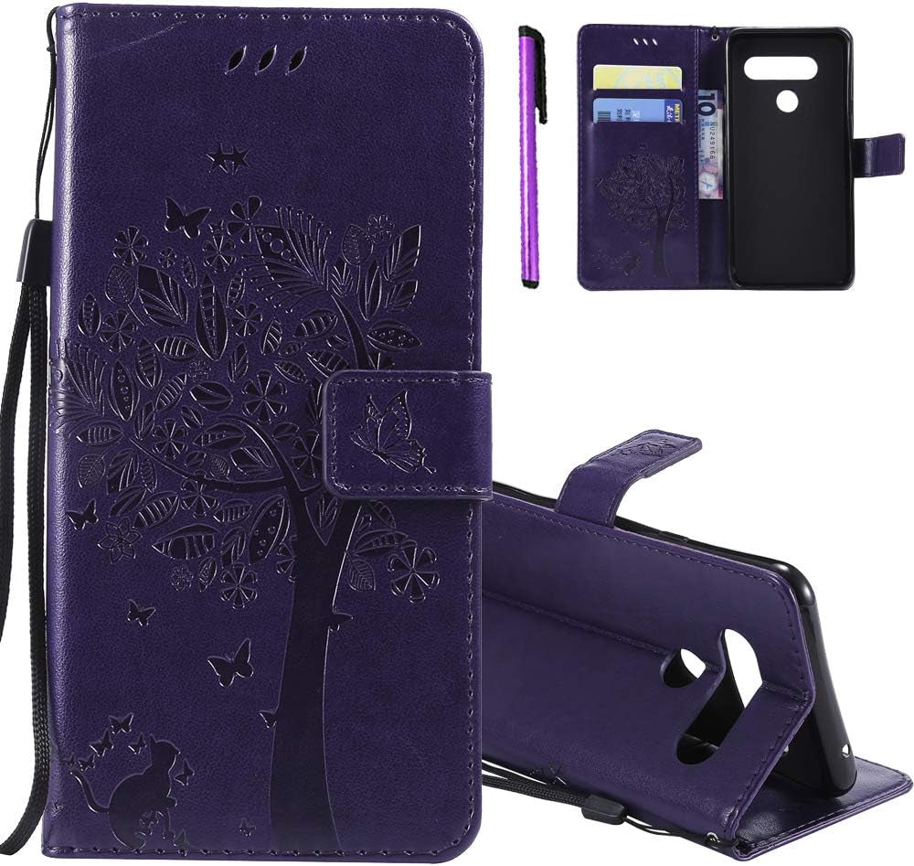 ISADENSER LG V40 Thinq Case LG V40 Flip Case for Women [Wallet Stand] as Case with Cards Slot Holder Cash Pockets Magnetic Closure PU Leather Wallet Case Cover for LG V40 Thinq Blue Cat Wish Tree  ISADENSER D] Kt-Wish Tree Leather-7  