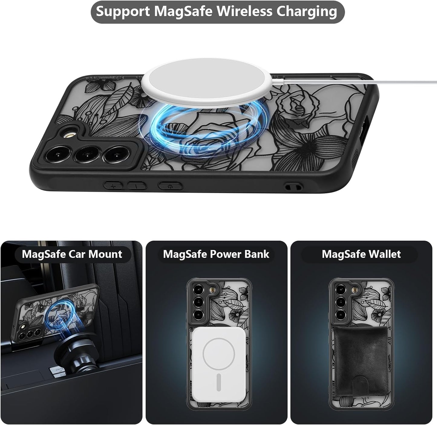 XIZYO Magnetic Case for Samsung Galaxy S22 plus Floral Rose Cute Phone Case [Compatible with Magsafe] for Women Girls Aesthetic Pattern Slim TPU Shockproof Bumper Case, Black  XIZYO   