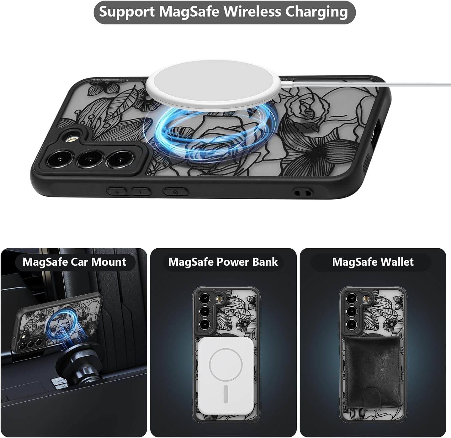 XIZYO Magnetic Case for Samsung Galaxy S22 plus Floral Rose Cute Phone Case [Compatible with Magsafe] for Women Girls Aesthetic Pattern Slim TPU Shockproof Bumper Case, Black  XIZYO   