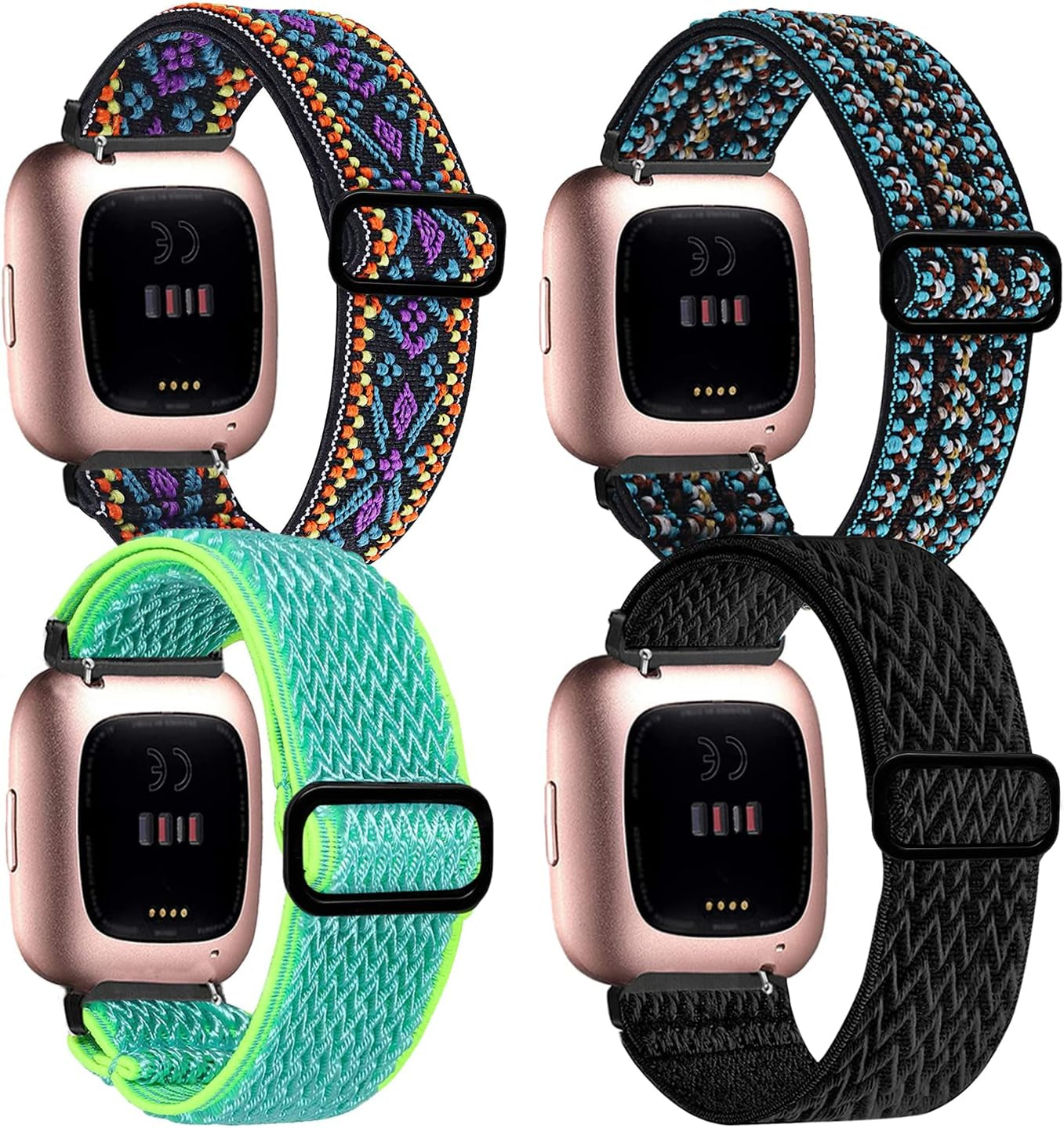 4 Pack Stretchy Bands Compatible with Fitbit Versa/Fitbit Versa Lite/Fitbit 2 Women Men, Adjustable Elastic Soft Loop Nylon Breathable Replacement Straps for Smartwatch Wristband  POHNUI Black+Green+Famous Blue+Posey Green  