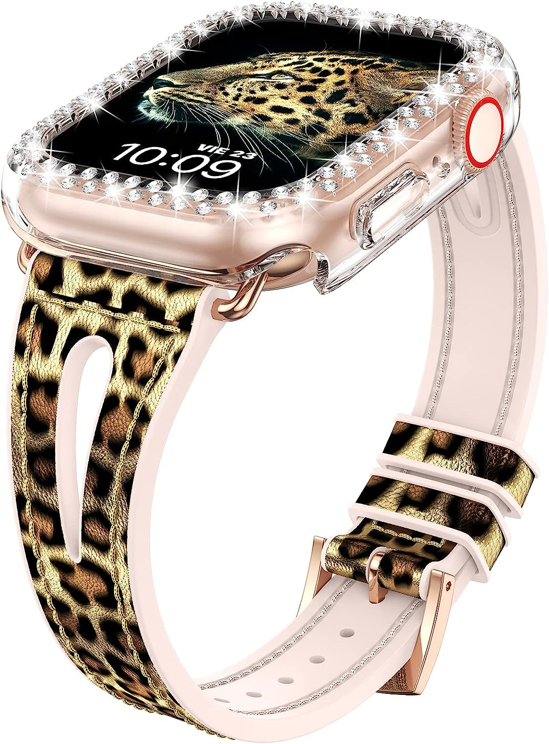 Goton Bling Band +Case for Apple Watch Bands 45Mm 44Mm 41Mm 40Mm 38Mm Series 8 7 SE 6 5 4 3 2 1, Women Glitter Silicone Thin Strap + Bumper Cover Designed for Iwatch Accessories  Yin-Goton PU-Leopard 40mm 