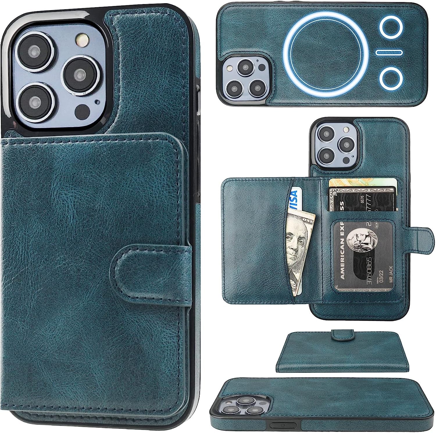 Bocasal Wallet Case for Iphone 14 Pro Compatible with Magsafe Magnetic RFID Blocking Detachable Premium PU Leather Flip Case with Card Slots Holder Kickstand Wireless Charging 6.1 Inch (Black)  Bocasal Blue  