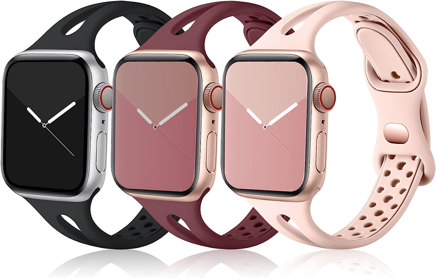 Ouwegaga Compatible with Apple Watch Band 38Mm 40Mm 41Mm 42Mm 44Mm 45Mm, Soft Silicone Slim Sport Breathable Holes Iwatch Bands Replacement Wristband for Iwatch SE & Series 7 6 5 4 3 2 1 for Women Men  Ouwegaga Black/Red/Pink 38mm/40mm/41mm 