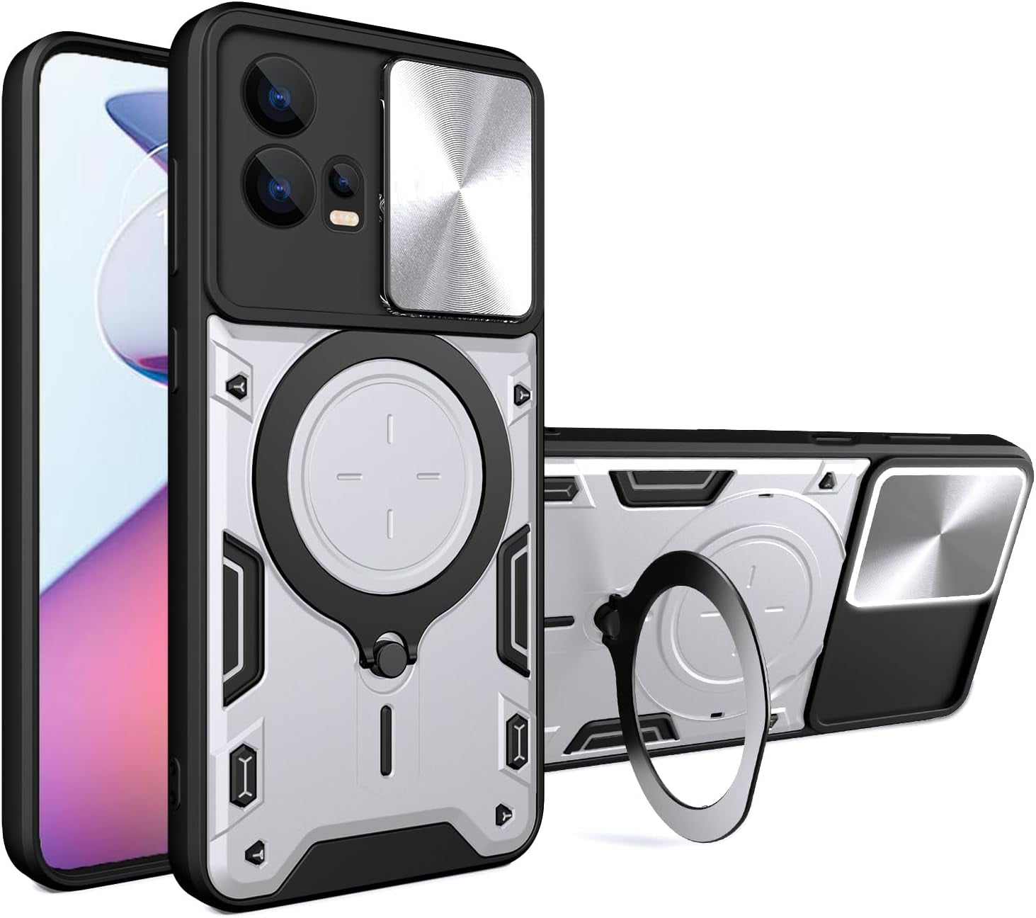 Xbs-Better Hybrid Heavy Duty Bumper Cover with Slide Camera Lens Cover with Built-In 360° Flexible Rotate Holder Magnetic Plate Kickstand Case for Motorola Edge 30 Fusion/S30 Pro-Red  XBS-Better Silver  