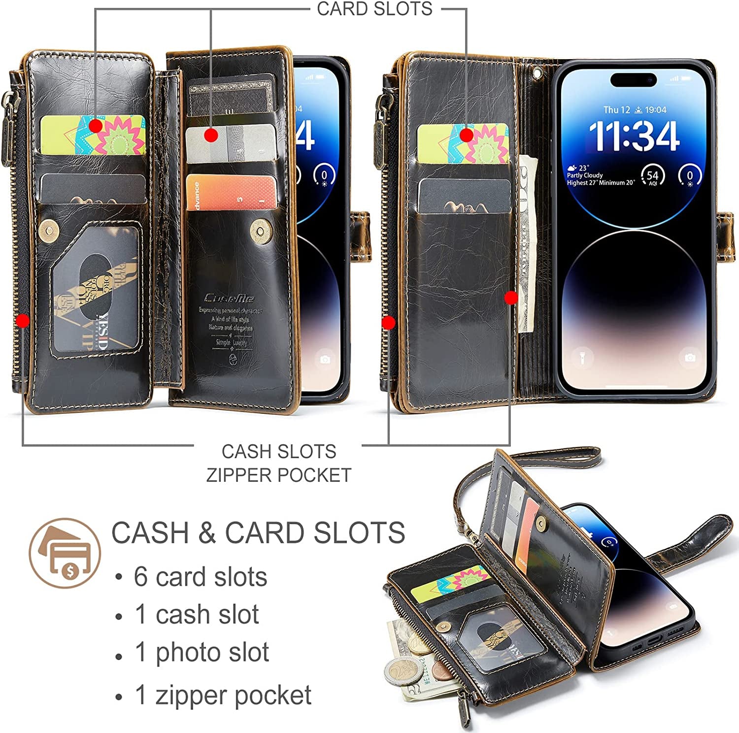 FLIPALM Wallet Case for Iphone 14 Pro(6.1") Flip Case,Compatible with Magsafe Charger,Pu Leather Zipper Protective Lanyard Strap Wristlet Case with Magnetic Closure and Card Holder Luxury Coffee  FLIPALM   
