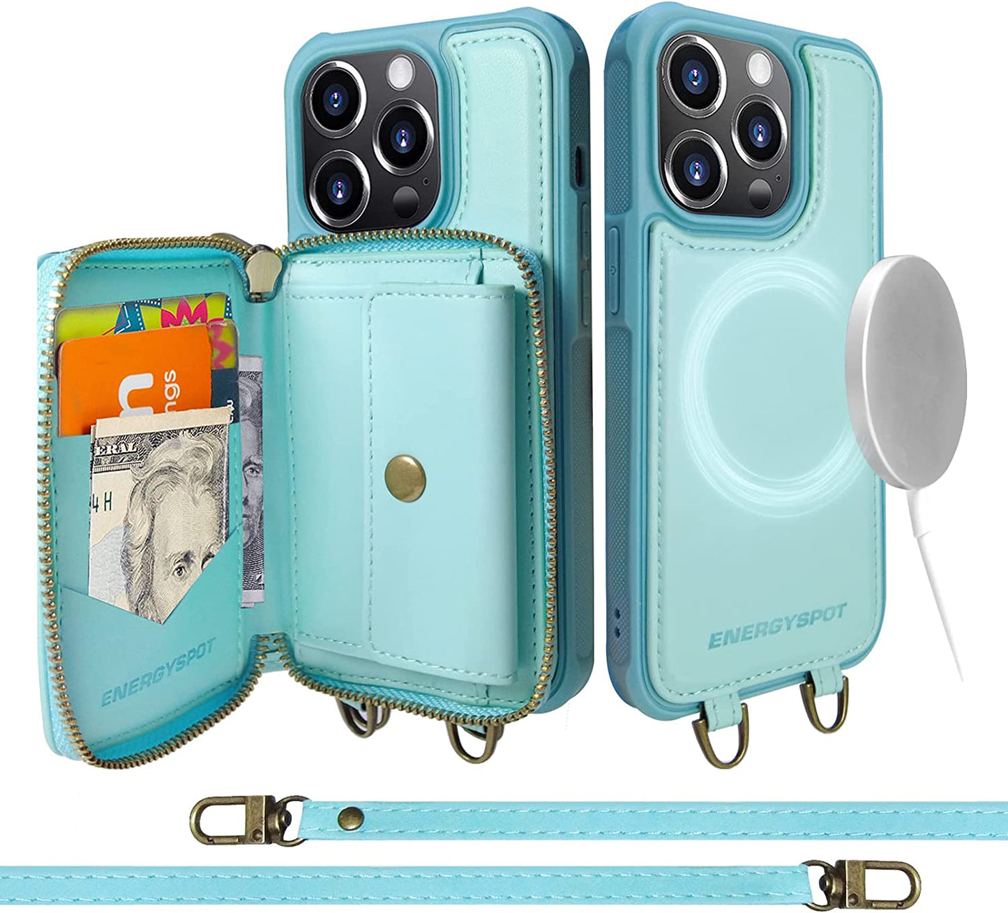 Energyspot Design for Iphone 14 Pro Max Case Compatible with Magsafe Charger Magnetic Removable Wallet Card Holder Slim Thin Leather Cover with 4.5Ft Lanyard (Pink)  EnergySpot Blue iPhone 14 Plus 