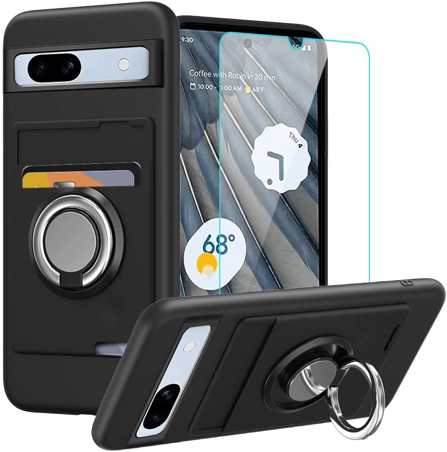 Anneey for Oneplus 11 5G Phone Case with Tempered Glass Screen Protector, Card Holder with Ring Stand Case for 1+ 11 5G Cover - Black  Anneey   