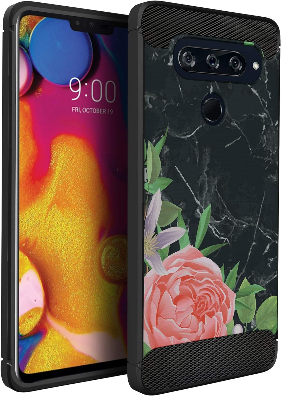 Casesondeck Case Compatible with LG V40 Thinq - Soft Fitted Flexible TPU Cover Shock Protection (Blue Future Skull)  CasesonDeck Rose Marble Black  