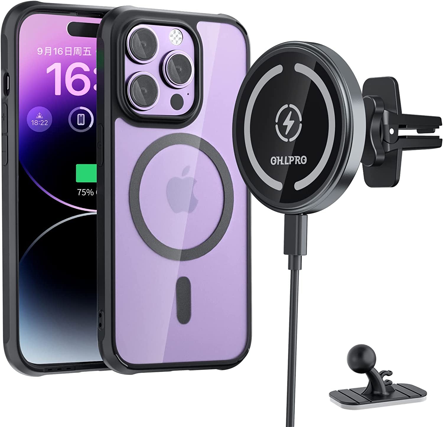 Magnetic Wireless Car Charger Mount, Stick on the Dashboard for Magsafe Iphone 14/14 Pro/14 Max/13/13 Pro/13 Pro Max/ 12/12Pro/Mini, Fast Charging Auto-Alignment Air Vent Phone Holder (Dark Grey)  OHLPRO Grey+14 Pro case  