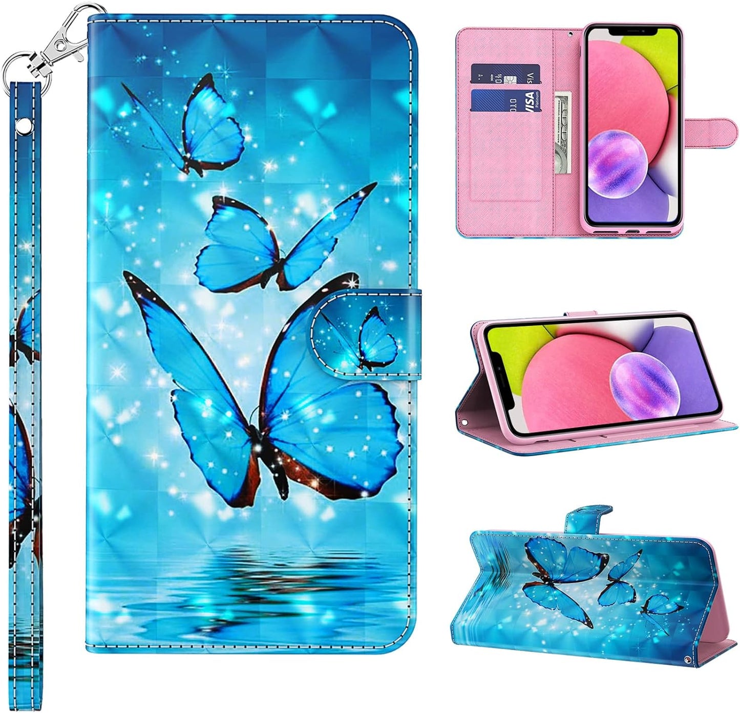 VODEFOX Case for LG G7 Thinq/Lg G7, PU Leather Wallet Case for LG G7 Thinq/Lg G7 6.1", Cute 3D Cartoon Design Card Slot Magnetic Closure Stand Protective Cover for Women - Golden Butterfly  VODEFOX Blue Butterfly Lg G7 Thinq 