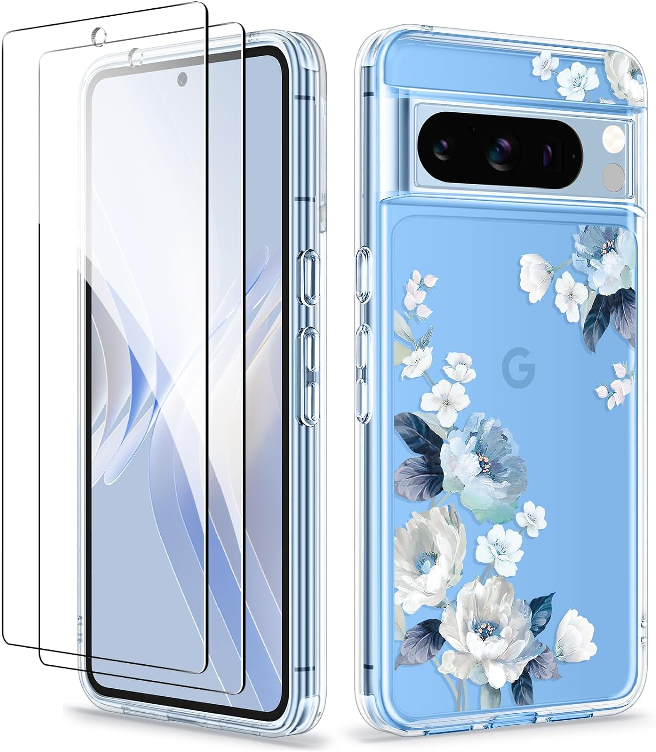 GVIEWIN Compatible with Google Pixel 8 Pro Case, with 2X Screen Protectors, [Not Yellowing + Military Grade Drop Tested] Clear Floral Slim Shockproof Protective Women Phone Case(Catharanthus/Pink)  GVIEWIN Rosa Chinensis/Blue  