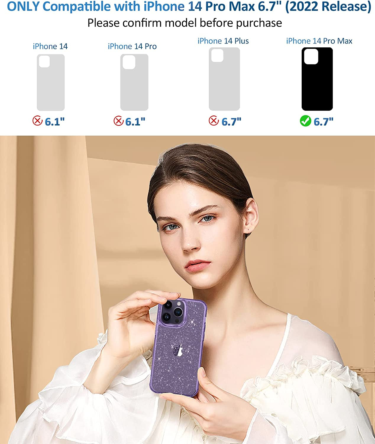 MIODIK for Iphone 14 Pro Max Case Clear Glitter, with Screen Protector + Camera Protector, [Military-Grade Protective] [Non-Yellowing] Slim Shockproof Women Cute Bumper Cover 6.7" 2022 (Light Purple)  MIODIK   