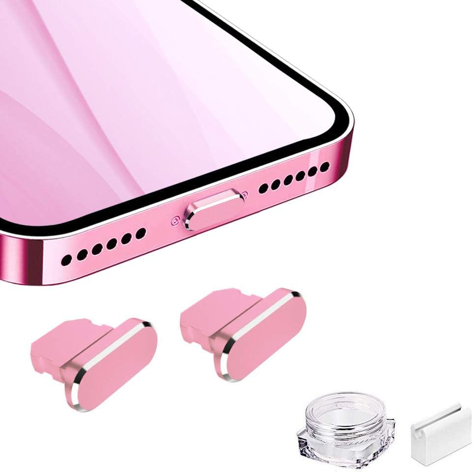 VIWIEU Metal anti Dust Plug Compatible with Iphone 14 13 12 11 X XS XR 8 7 SE Mini plus Pro Max Ipad Airpods, 2 Pack Lightning Charging Port Cover Protectors with Plug Holder and Storage Box (Black)  VIWIEU 14 Pink 2 PCS 