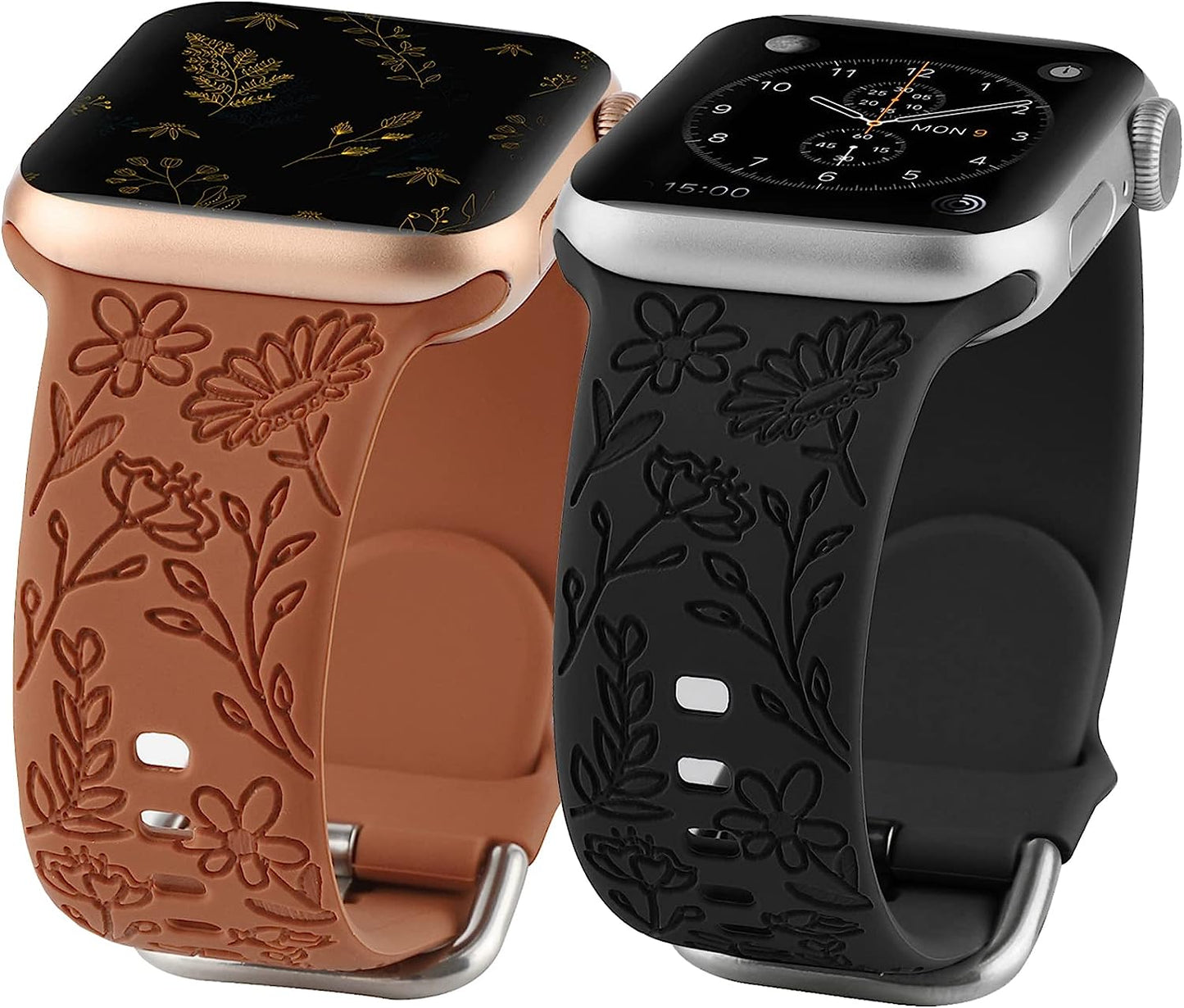 2 Pack Flower Engraved Sport Strap Compatible with Apple Watch Bands 38Mm 40Mm 41Mm, Women Floral Laser Soft Silicone Wristband Replacement Iwatch Series 8 7 6 5 4 3 2 1 SE  TERKOWQI Brown Black 38/40/41mm 