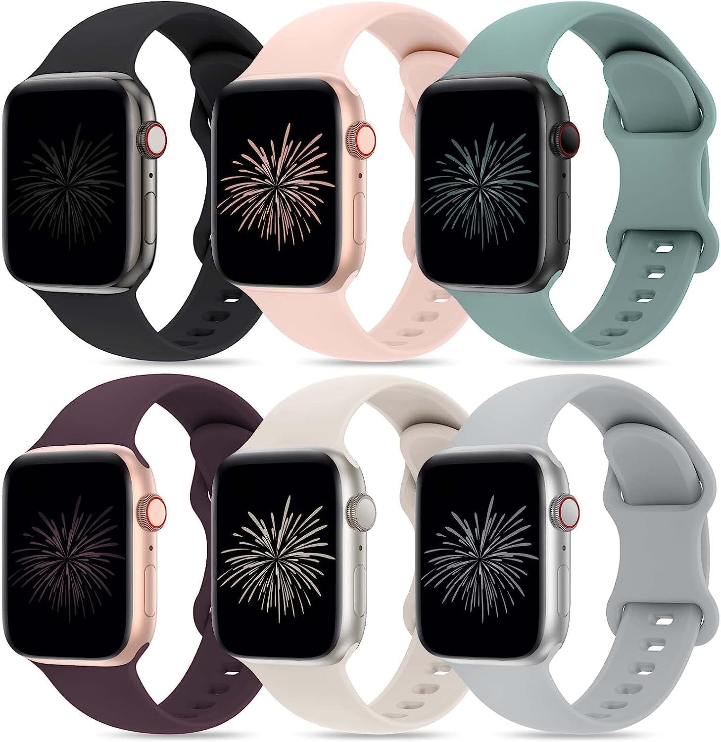 Qrose 6 Pack Bands Compatible with Apple Watch 38Mm 40Mm 41Mm 42Mm 44Mm 45Mm 49Mm, Soft Silicone Replacement Sport Strap Wristbands for Iwatch Series Ultra 8/7/6/5/4/3/2/1 SE Women Men  QRose Black/Pink Sand/Cactus/Dark Cherry/Starlight/Gray 42/44/45/49mm 