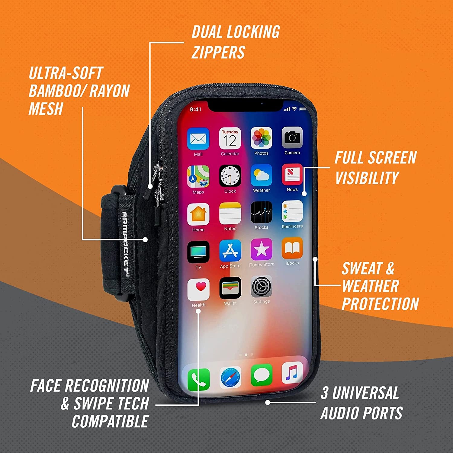 Armpocket X Arm Band, Cell Phone Holder for Walking, Running Phone Holder for Iphone 14, Iphone 11/12/13 Pro, Galaxy S20, Pixel 6A, & Devices without Cases up to 6 Inches, 10 to 15-Inch Black Strap  Armpocket   