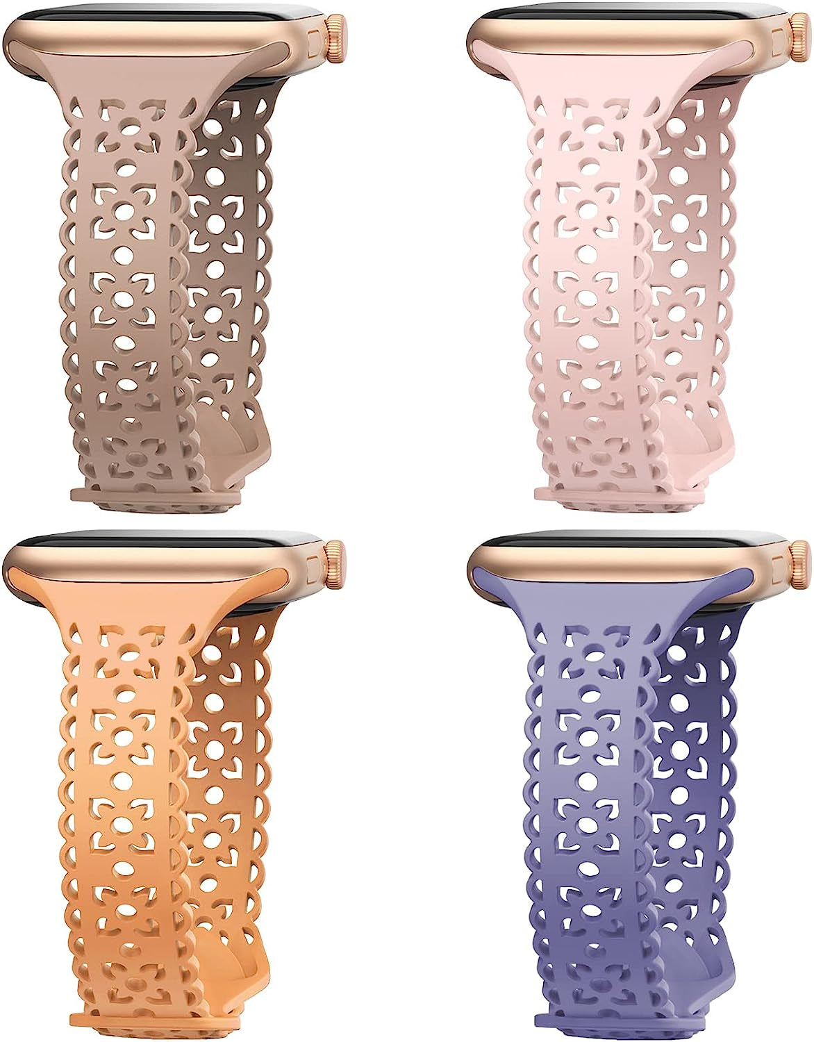 4 Pack Lace Silicone Band Compatible with Apple Watch Bands 40Mm 44Mm 41Mm 45Mm 38Mm 42Mm Women,Thin Slim Hollow-Out Sport Strap Replacement Wristbands for Iwatch Series Ultra 8 7 6 5 4 3 2 1 SE  HEARTBOOM Kumquat /Milk Tea/Dark Pink/Lavender 38mm/40mm/41mm 