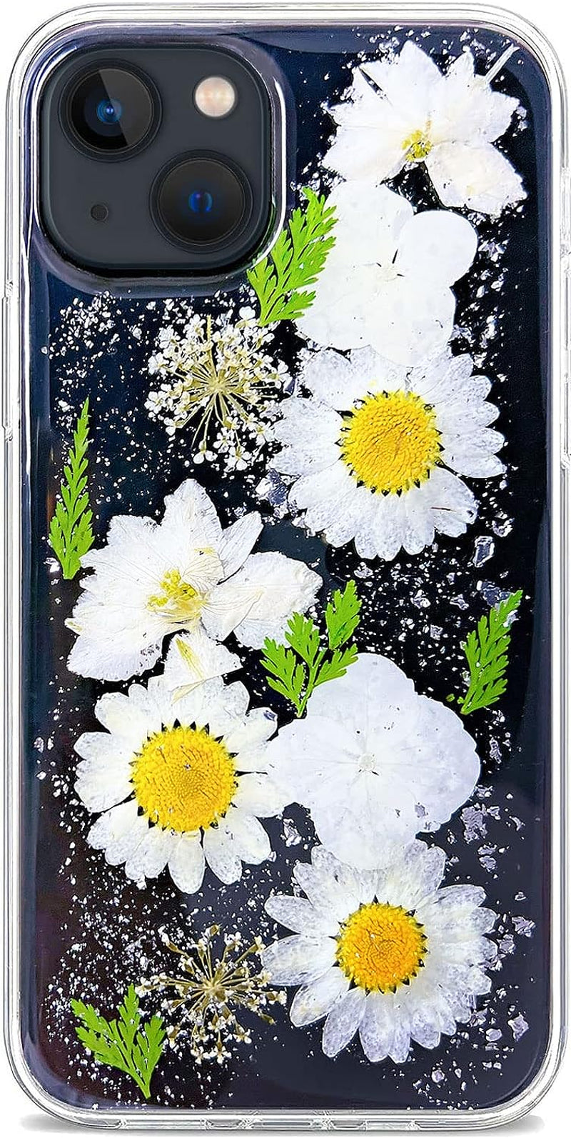 Abbery Designed for Iphone 13 Pressed Flower Case, Cute Clear with Design Bling Glitter Sparkle Soft TPU Transparent Dried Real Flower Floral Aesthetic Case for Women Girls (3 Pink Flower)  Abbery White Daisy  