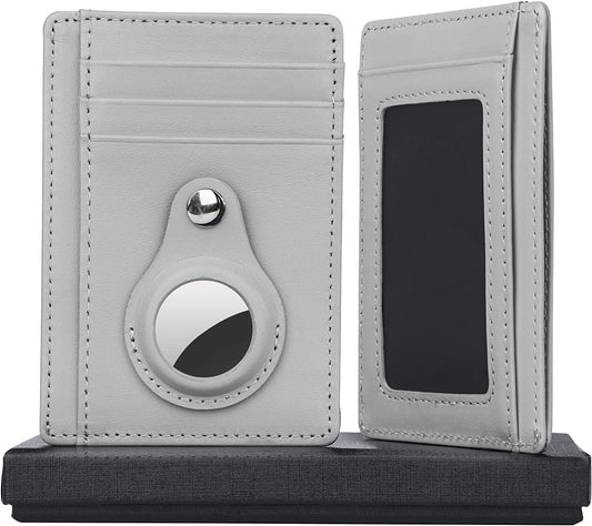 DJSLO Airtag Wallet , Slim Genuine Leather RFID Blocking Minimalist Credit Card Holder , with 6 Card Slots & 1 Id/Photo Window,Anti Theft Smart Airtag Wallet Holder for Men Women, Light Grey,  DJSLO   