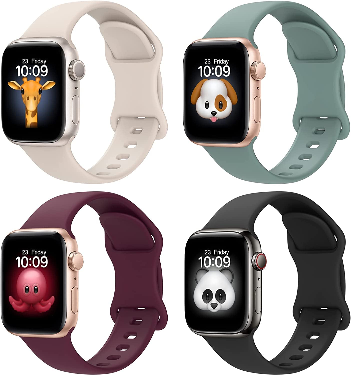 BRG 4 Pack Bands for Apple Watch Band Series Ultra SE 8 7 6 5 4 3 2 1 40Mm 38Mm 44Mm 42Mm 45Mm 41Mm 49Mm, Women and Men Sport Apple Watch Bands, Soft Silicone Strap Replacement for Iwatch Bands  BRG Black/Wine Red/Olive Green/Starlight 41mm/40mm/38mm 