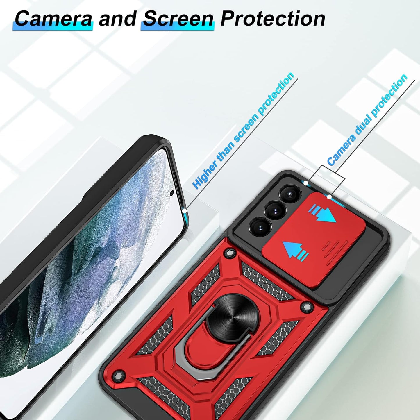 ATUMP Samsung Galaxy S21 Case,Compatible with Samsung Galaxy S21 Case with HD Screen Protector with Slide Camera Cover, 360° Rotation Ring Kickstand [Military Grade] Case for Samsung S21,Red  Atump   