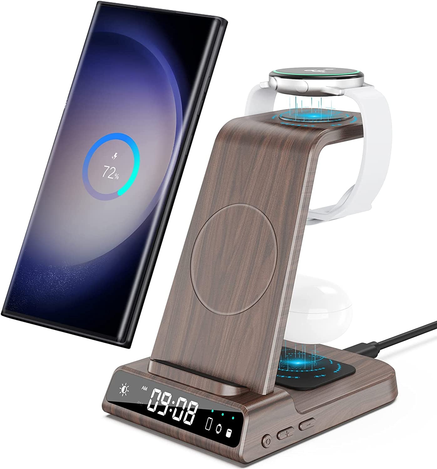 Wireless Charger for Samsung Charging Station, 3 in 1 Android Phone Trio Multiple Devices Charger for Samsung S23 Ultra/Galaxy S22 Ultra/S21/Z Flip/Fold 4/Buds, Charger for Galaxy Watch 5 Pro/4/3  Shenzhen Xuanfeng Innovation Technology Co., Ltd. Woodgrain  