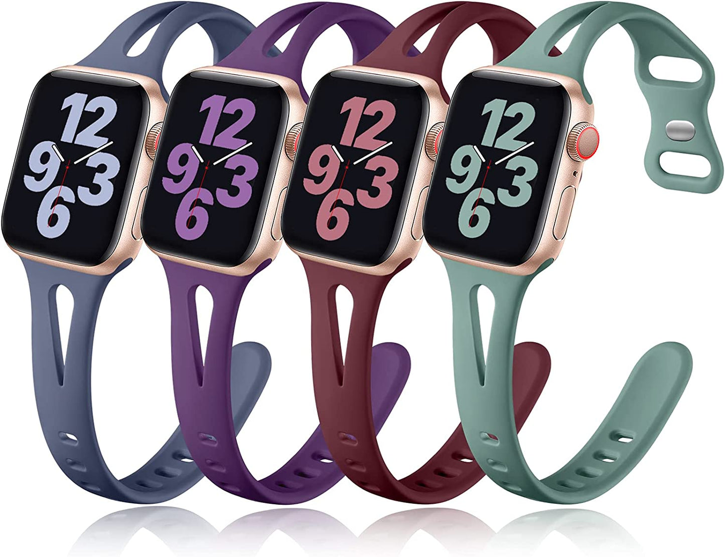 Getino Compatible with Apple Watch Band 40Mm 38Mm 41Mm Iwatch Series 8 7 6 5 4 3 2 1 SE for Women Men, Stylish Durable Silicone Slim Sport Watch Bands, 4 Pack, Cyan/Lake Blue/Starlight/Grayish Purple  Getino Blue Gray/Cyprus Green/Wine Red/Purple 42mm/44mm/45mm/49mm 